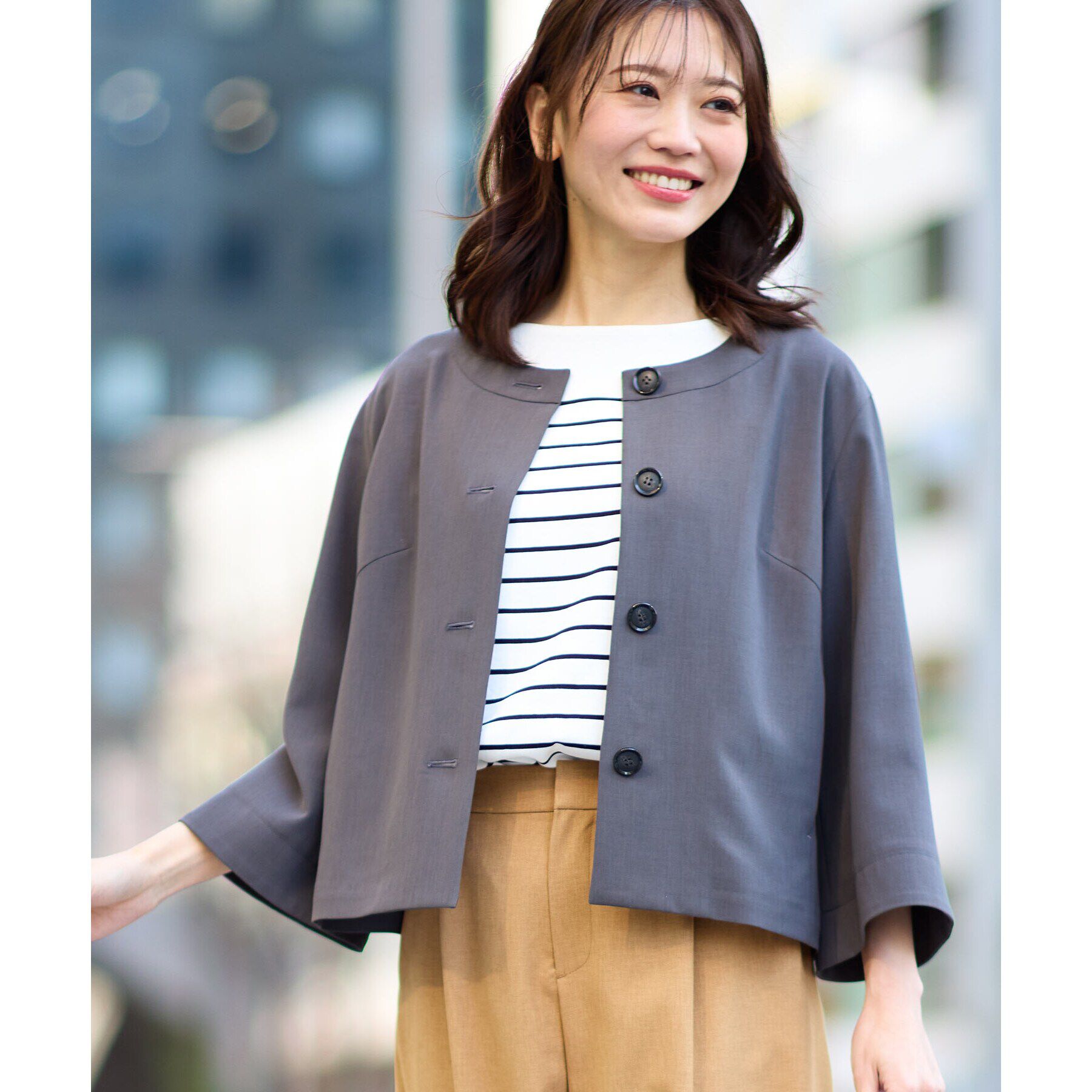 Reflect「【UVカット／接触冷感／洗える／セットアップ可】クルーネックジャケット」|ノーカラージャケット|チャコールグレー(0