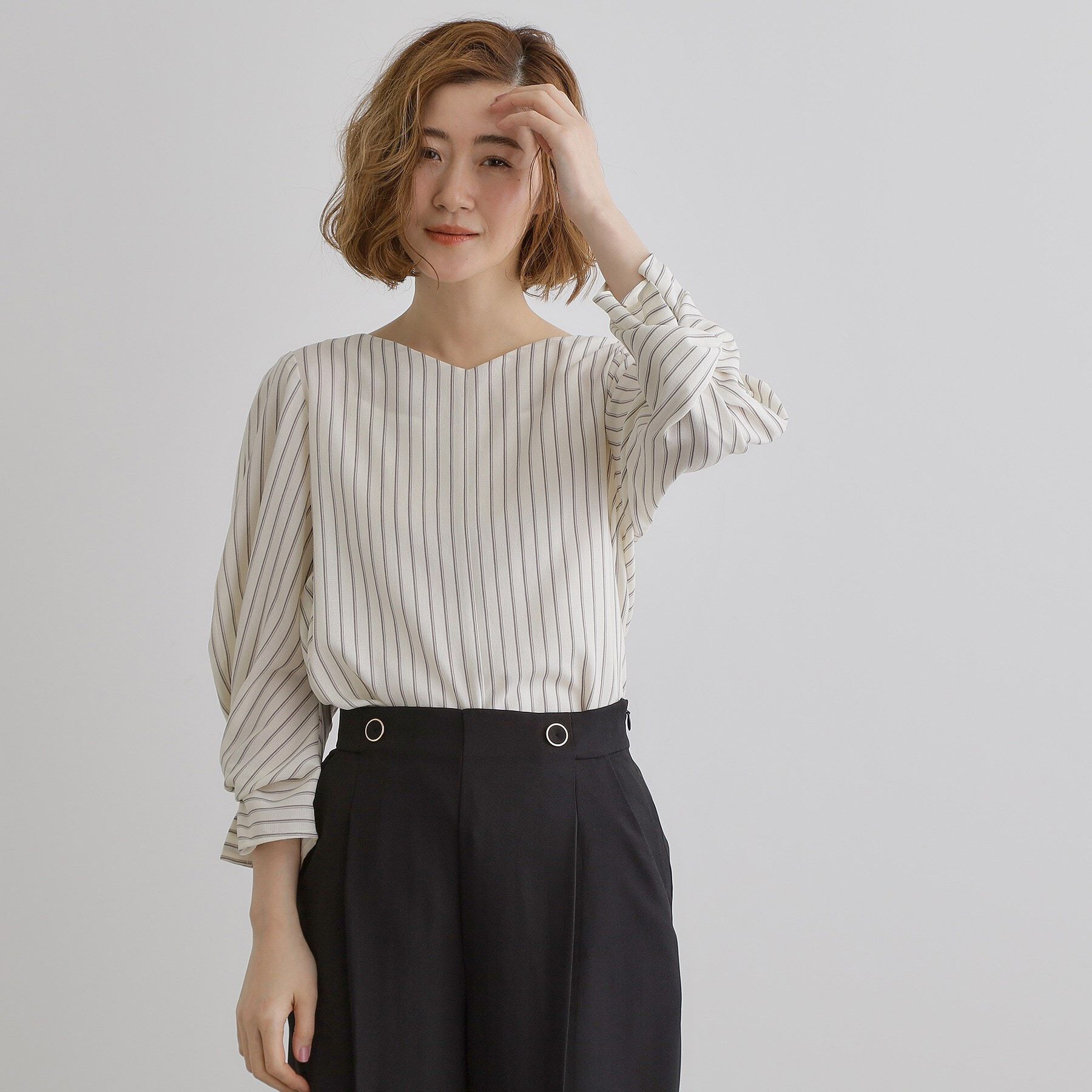 grove「【毎日着たい】麻調メッシュ袖コンシャスブラウス」|シャツ・ブラウス|