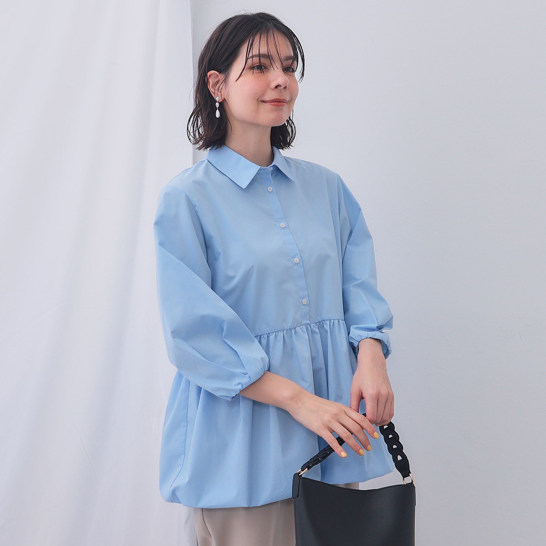 OPAQUE.CLIP「裾バルーンペプラムシャツ【洗濯機洗い可】」|シャツ・ブラウス|ブルー(091)