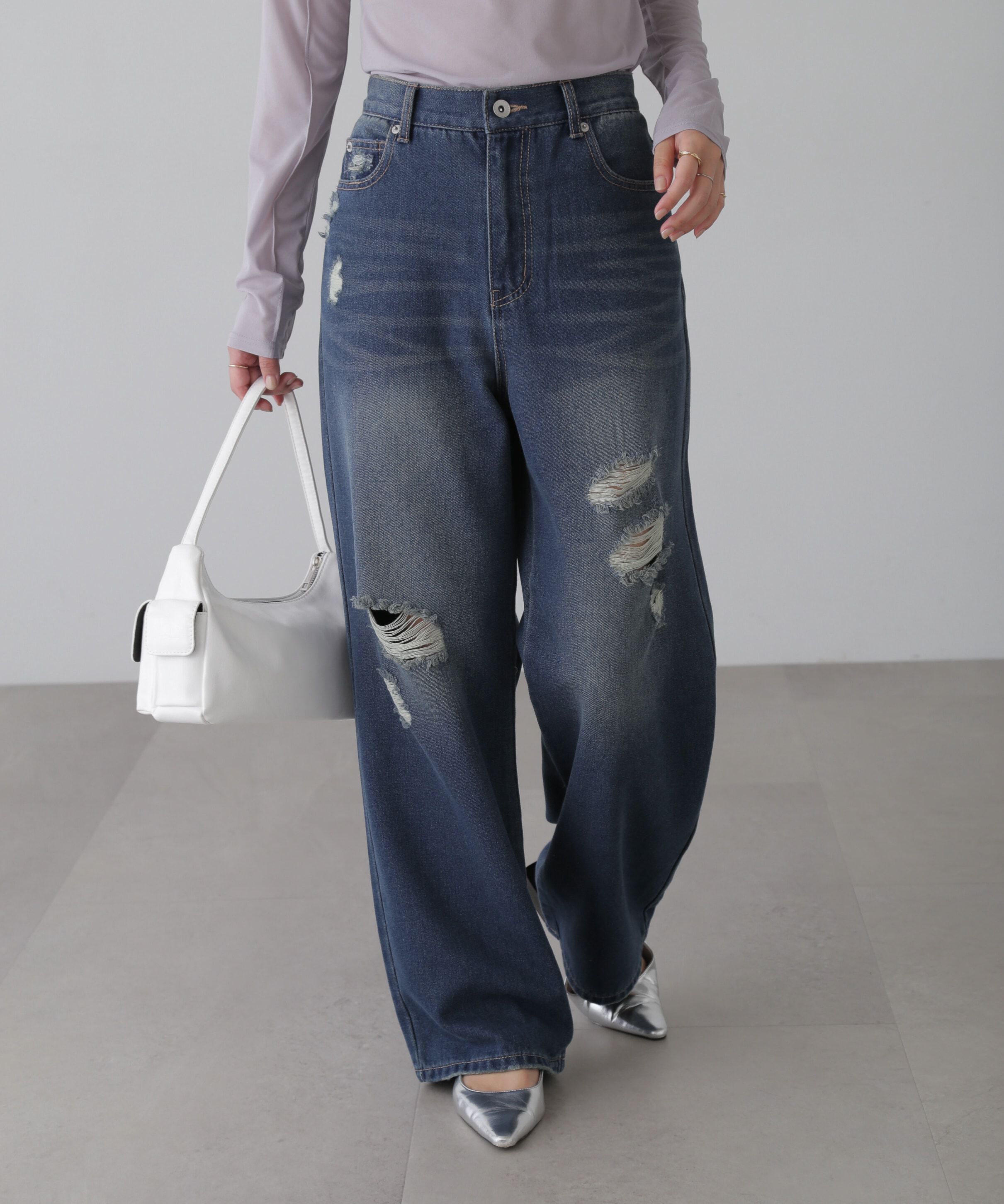 「ストレートワイドクラッシュデニムパンツ」|その他|