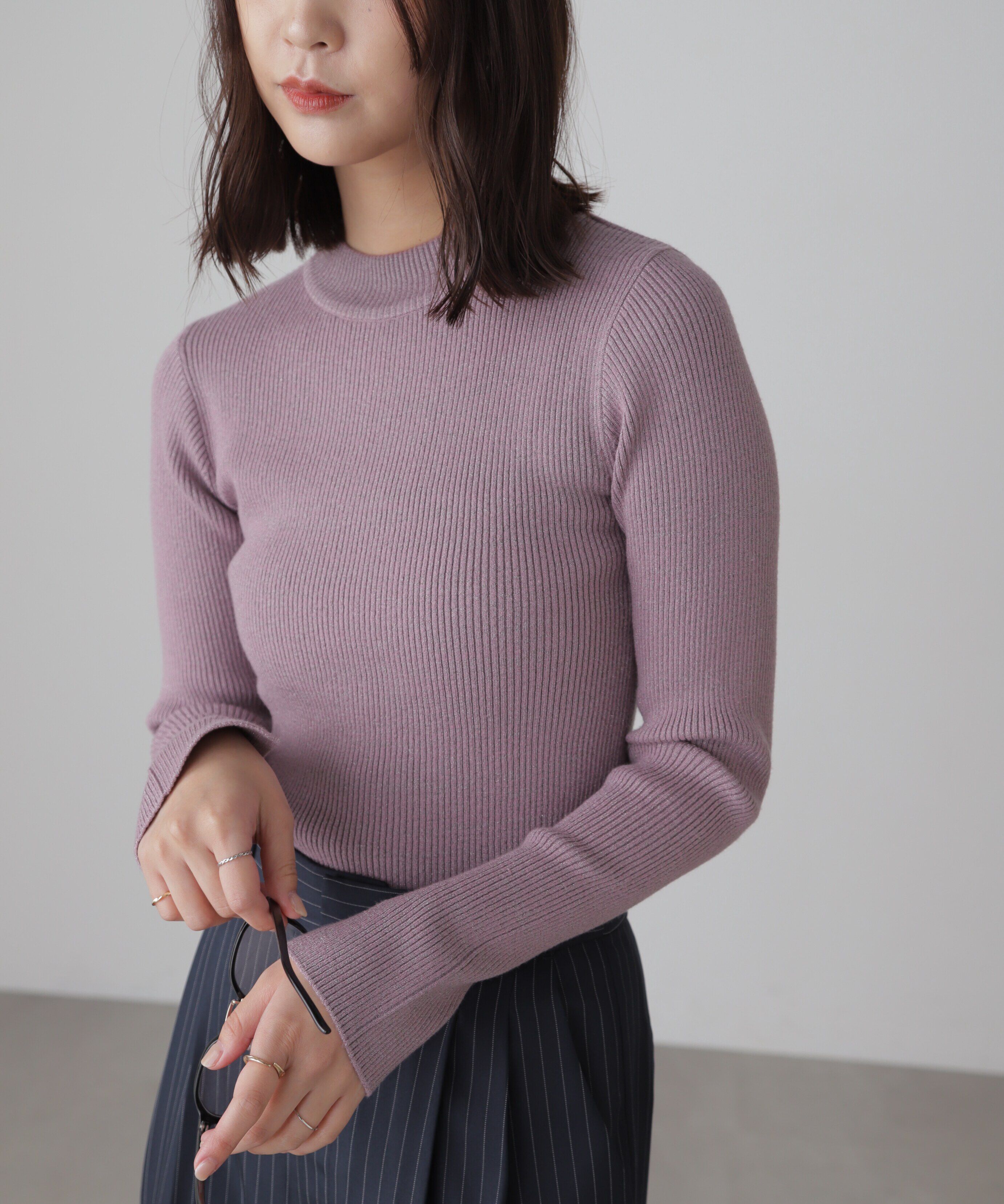  「ラメボトルネックリブニット」|ニット・セーター|パープル