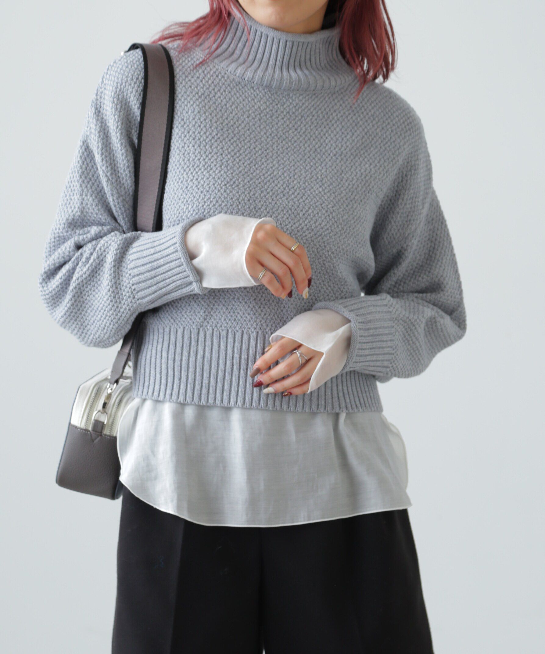  「鹿の子編みハイネックニット」|ニット・セーター|グレー