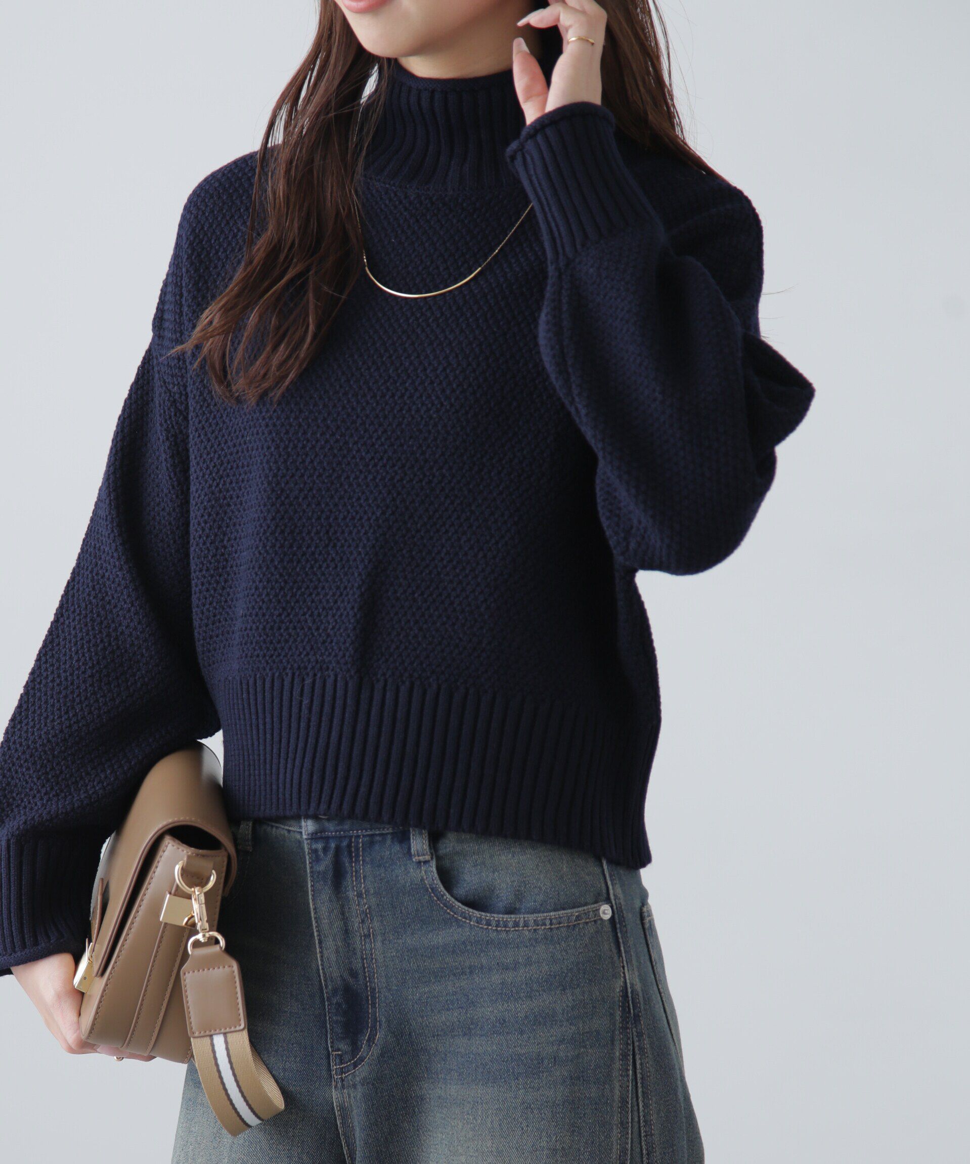  「鹿の子編みハイネックニット」|ニット・セーター|ネイビー