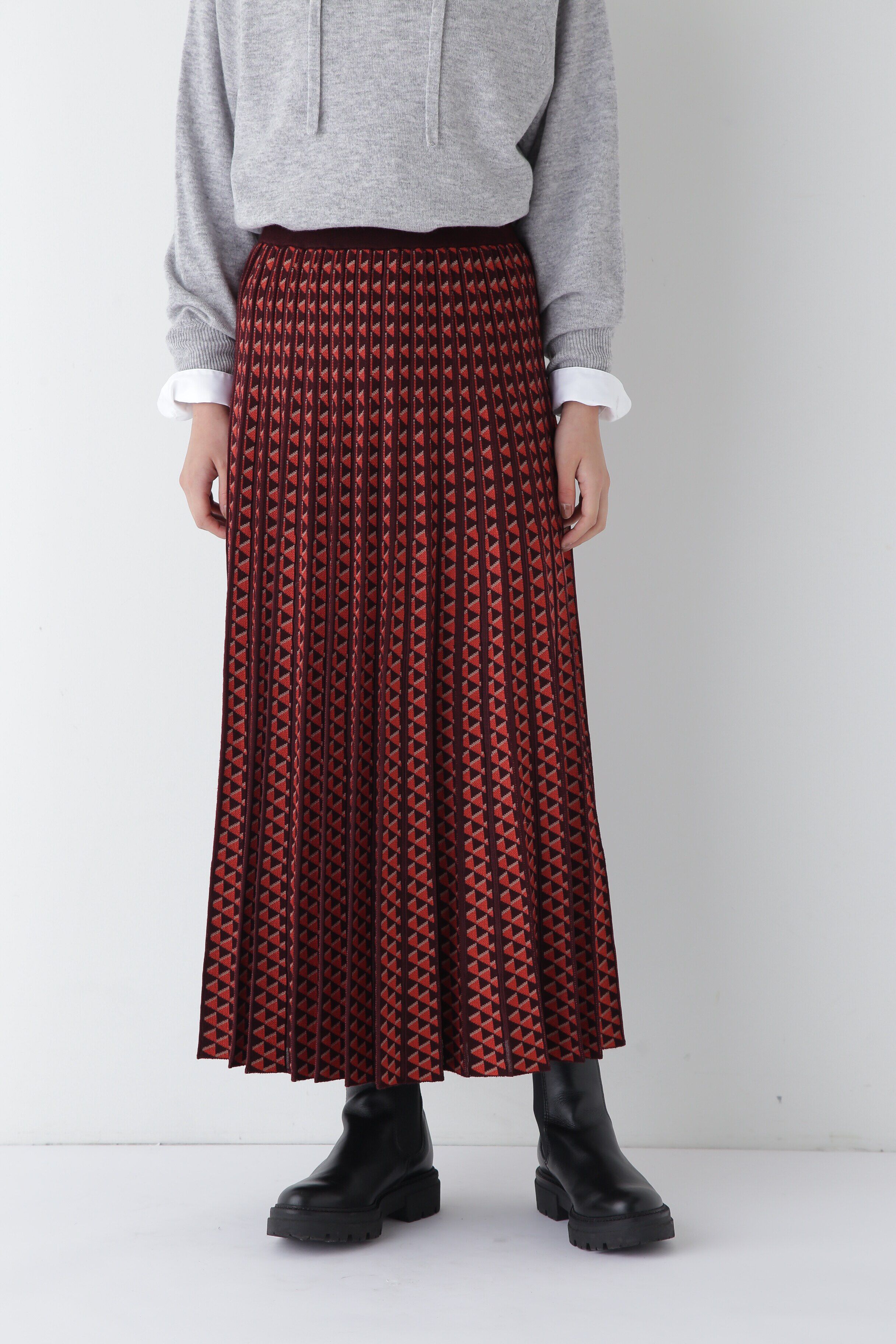  「◆幾何柄ジャガードプリーツスカート」|スカート|ボルドー3