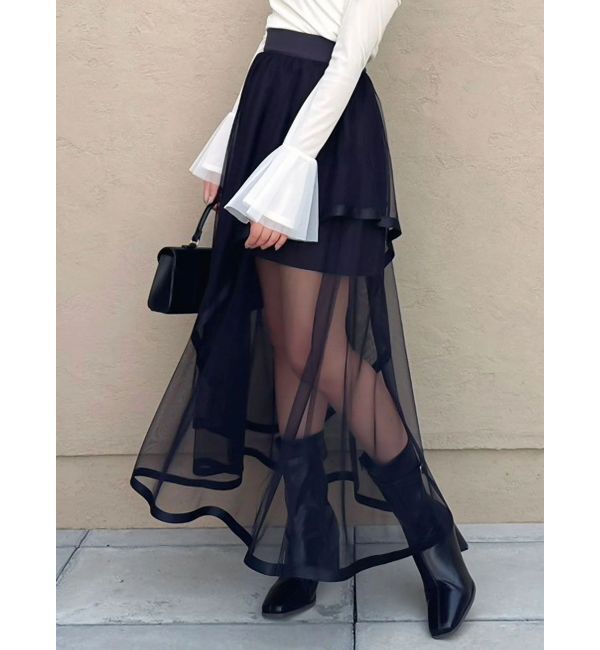 dazzlin「サテンパイピングシアーアシメティアードチュールスカート」|スカート|ブラック