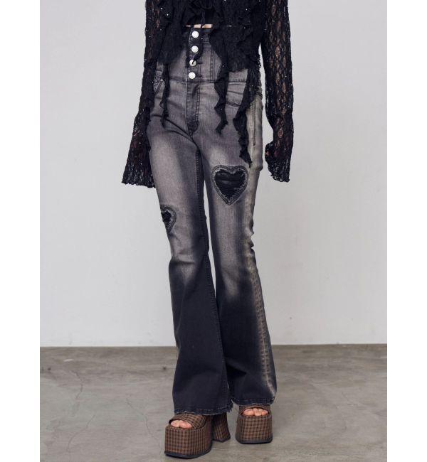 EMODA「ハートダメージハイウエストフレアパギンス」|デニム|ブラック