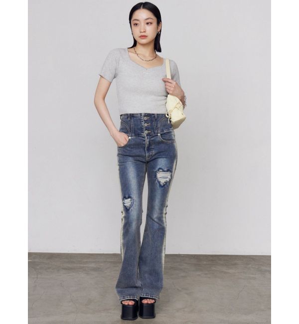 EMODA「ハートダメージハイウエストフレアパギンス」|デニム|