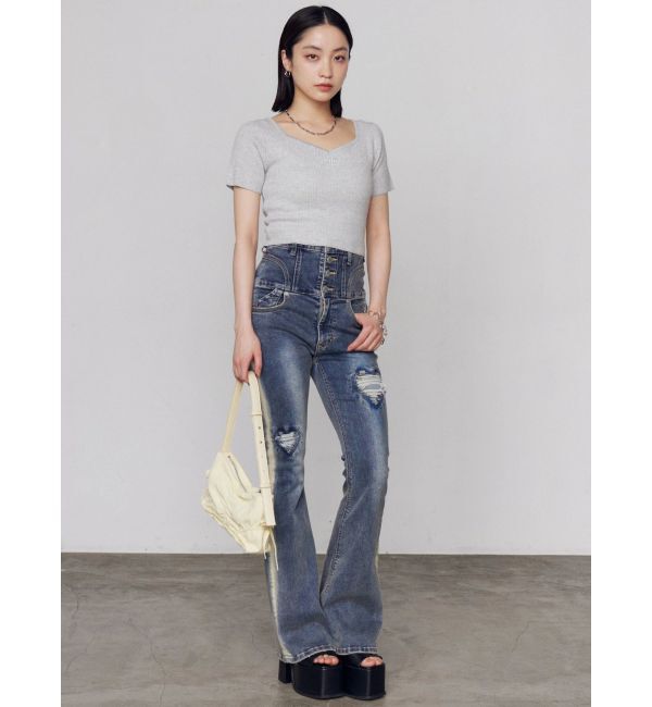 EMODA「ハートダメージハイウエストフレアパギンス」|デニム|