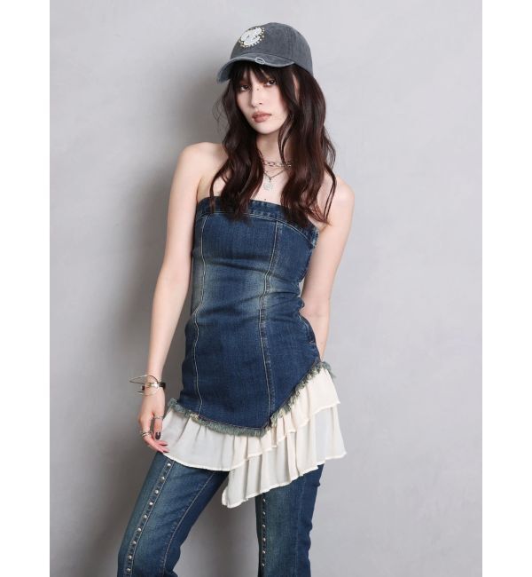 EVRIS「フリルドッキングデニムベアミニワンピース」|ワンピース|