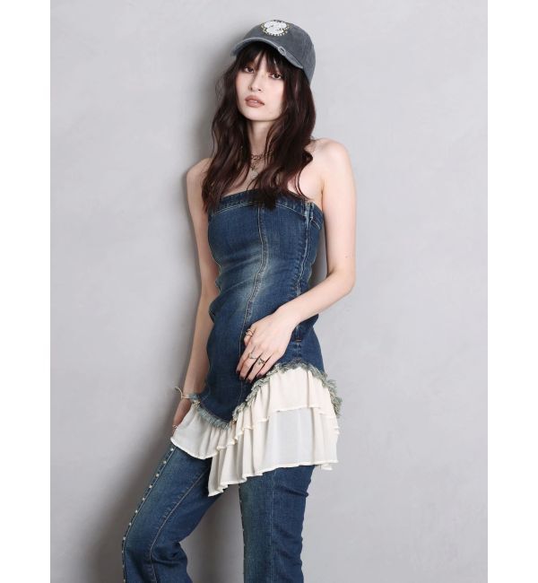 EVRIS「フリルドッキングデニムベアミニワンピース」|ワンピース|