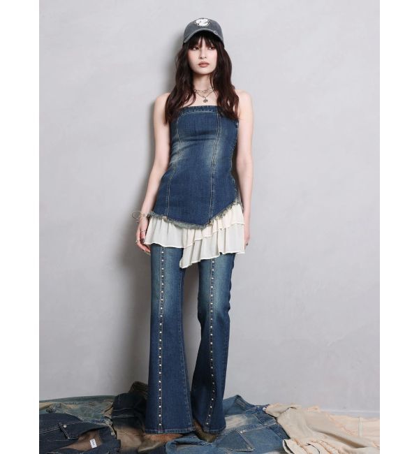 EVRIS「フリルドッキングデニムベアミニワンピース」|ワンピース|