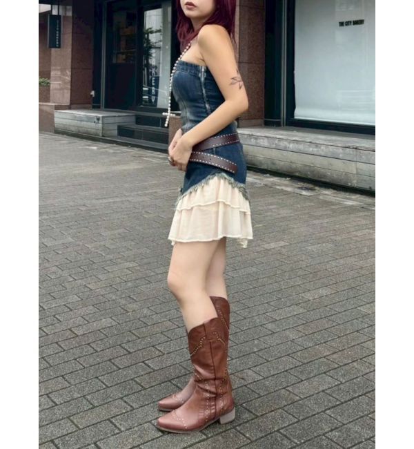 EVRIS「フリルドッキングデニムベアミニワンピース」|ワンピース|