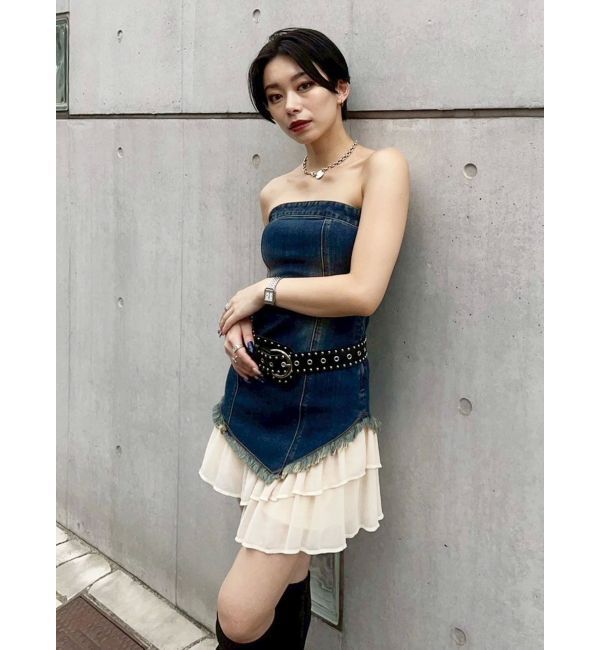 EVRIS「フリルドッキングデニムベアミニワンピース」|ワンピース|