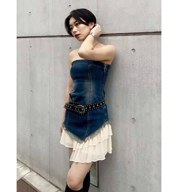 EVRIS「フリルドッキングデニムベアミニワンピース」|ワンピース|
