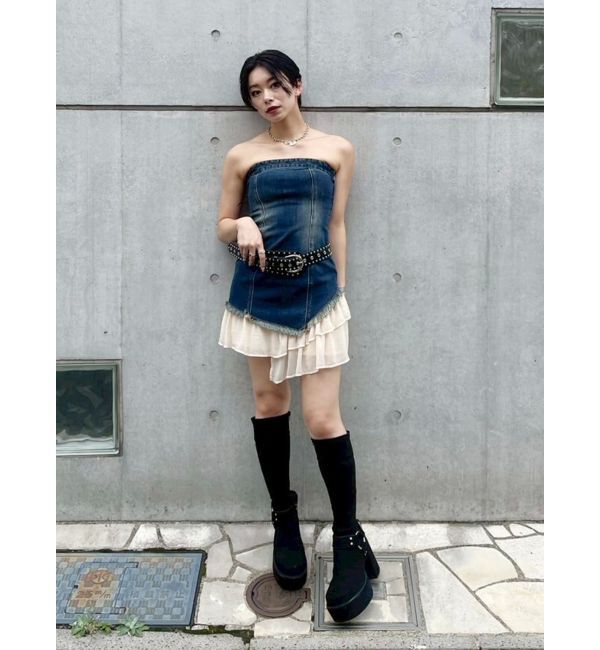 EVRIS「フリルドッキングデニムベアミニワンピース」|ワンピース|