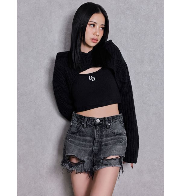 GYDA「ハイウエストBACK RIPPEDデニムショートパンツ」|デニム|