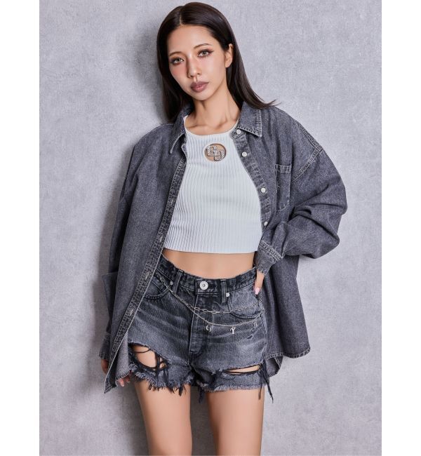 GYDA「ハイウエストBACK RIPPEDデニムショートパンツ」|デニム|