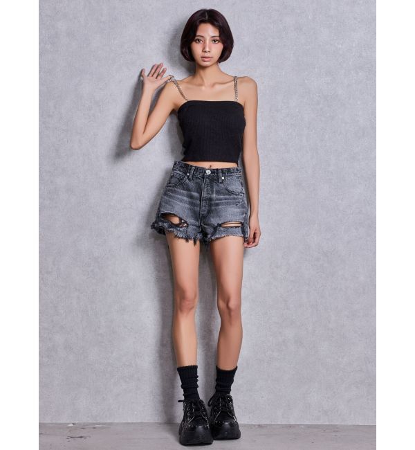 GYDA「ハイウエストBACK RIPPEDデニムショートパンツ」|デニム|