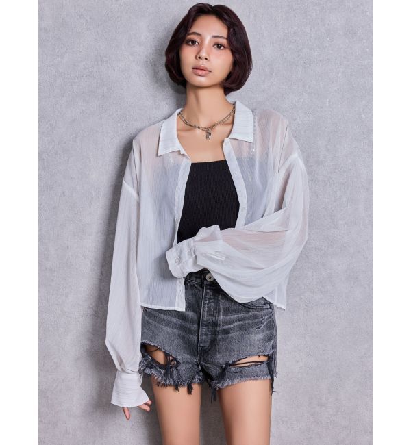 GYDA「ハイウエストBACK RIPPEDデニムショートパンツ」|デニム|