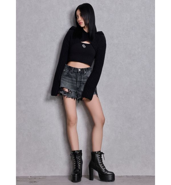 GYDA「ハイウエストBACK RIPPEDデニムショートパンツ」|デニム|