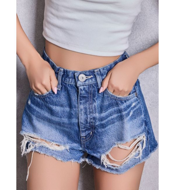 GYDA「ハイウエストBACK RIPPEDデニムショートパンツ」|デニム|ブルー