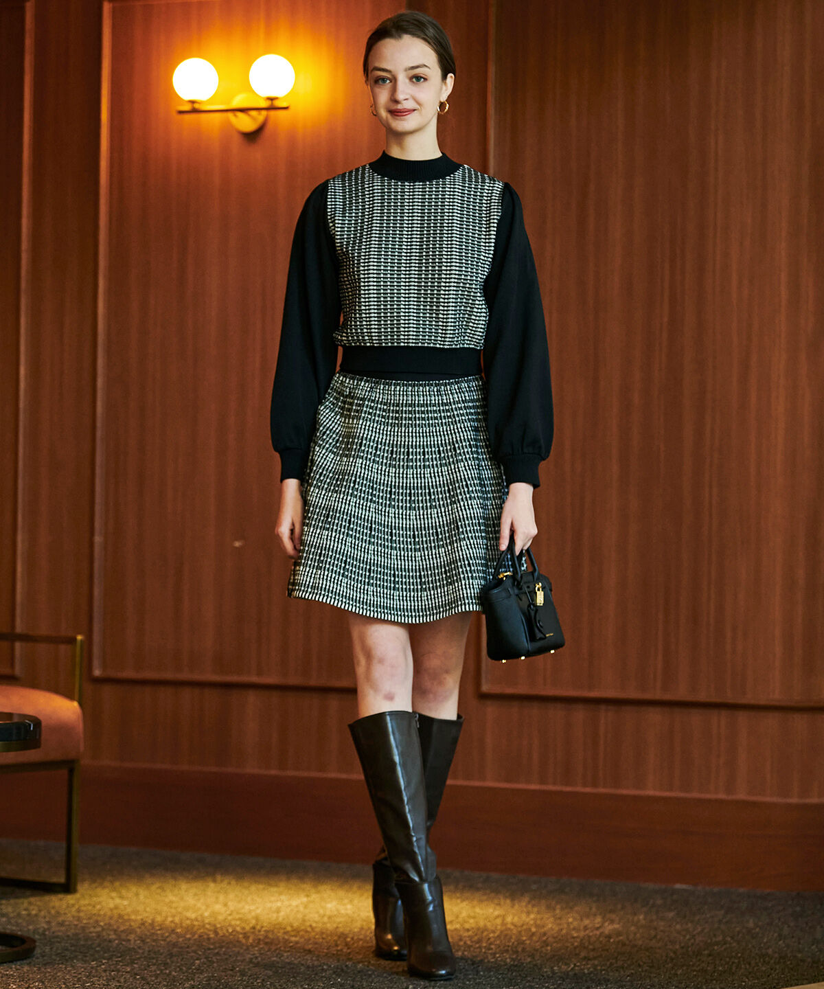 アンドクチュール「ジャガードニットミニスカート」|台形|ブラック