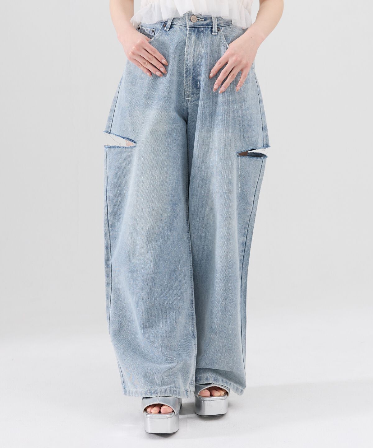 REDYAZEL「サイドダメージワイドパンツ」|デニム|