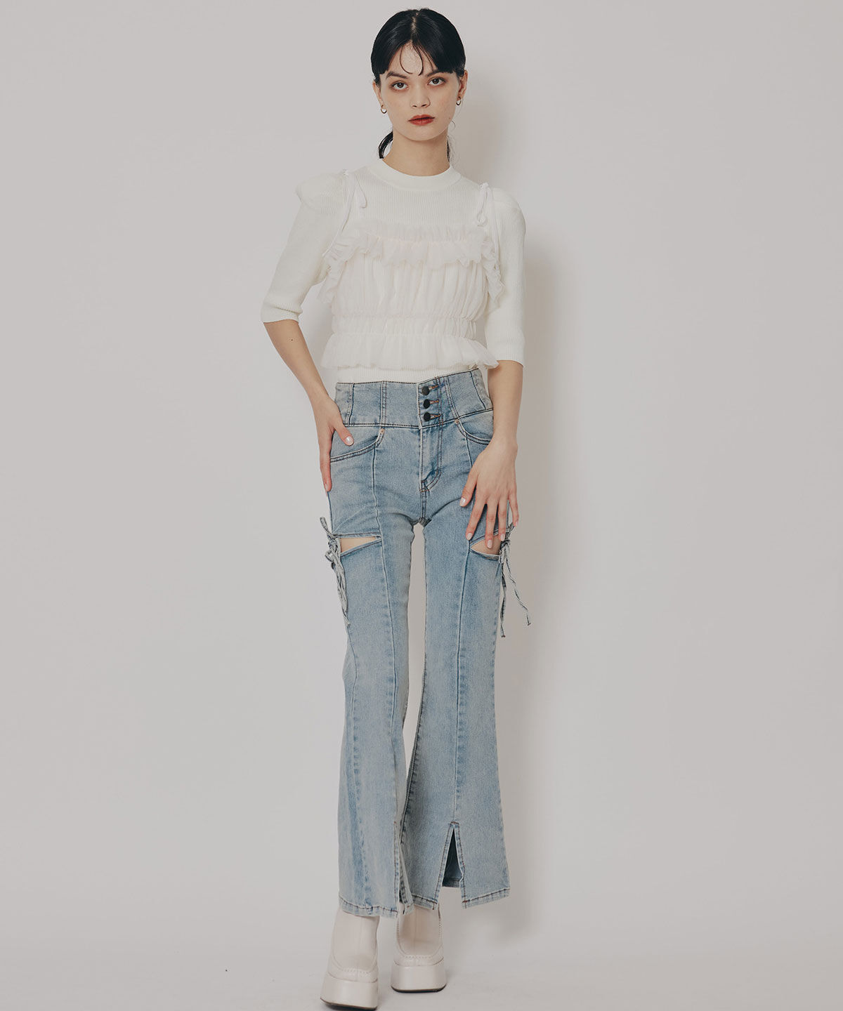 REDYAZEL「カットアウトリボンストレッチデニム」|デニム|