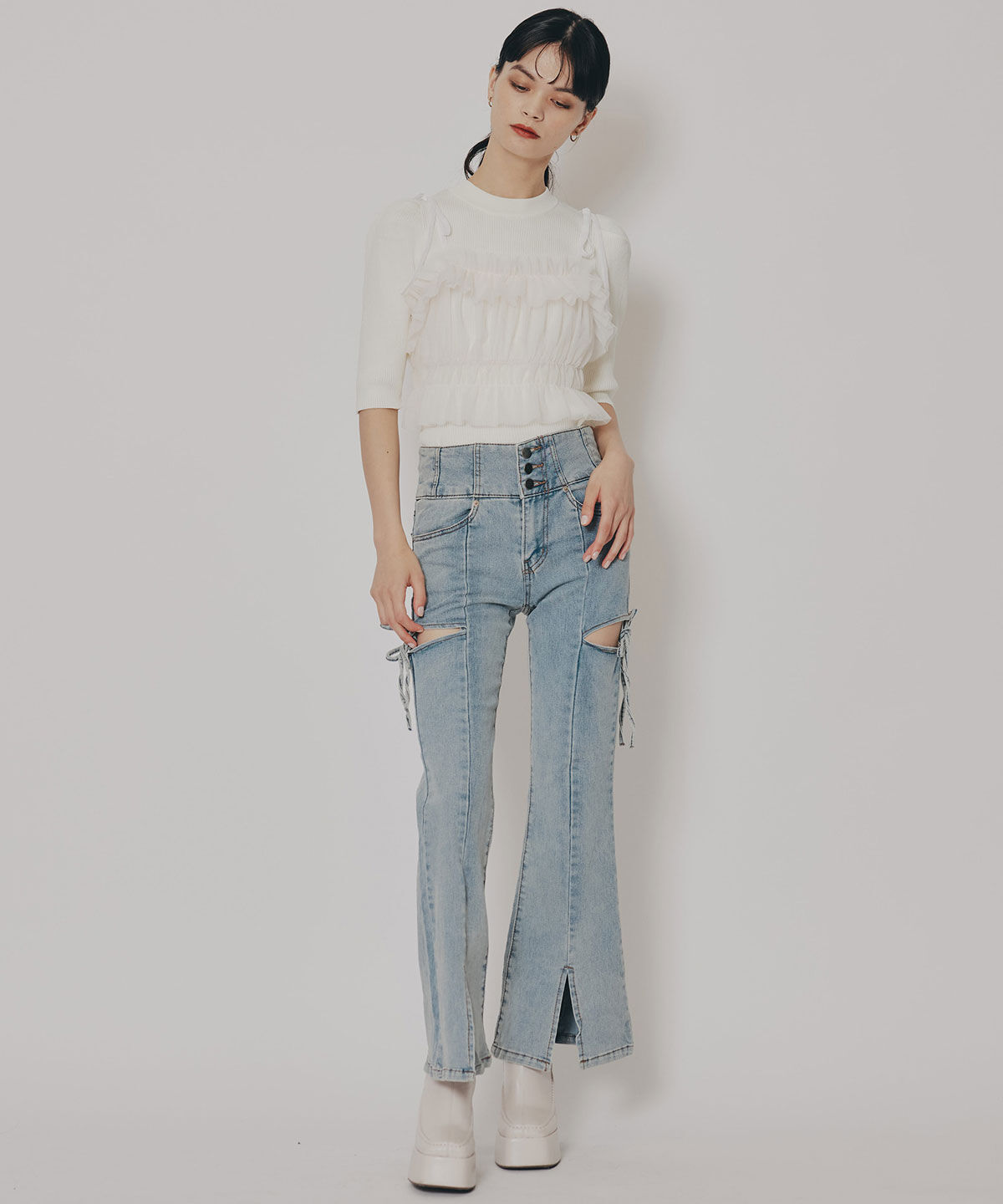 REDYAZEL「カットアウトリボンストレッチデニム」|デニム|