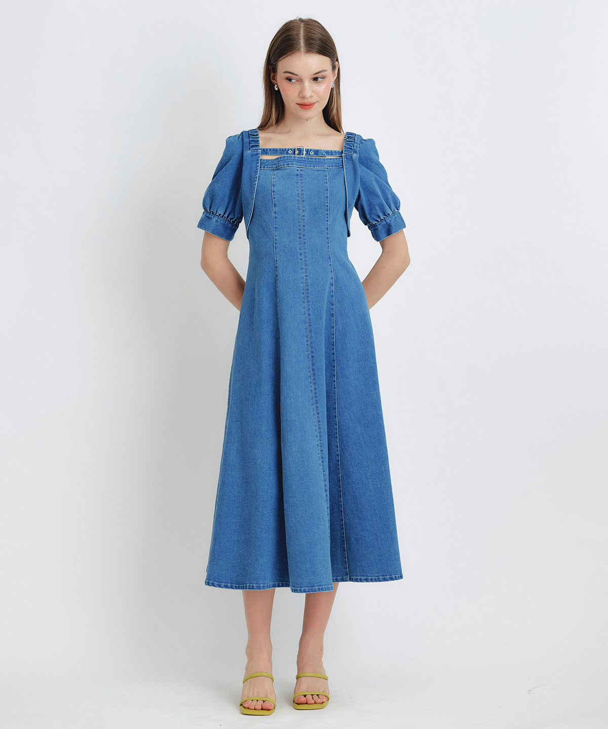 REDYAZEL「デコルテベルトデニムフレアロングワンピース」|ワンピース|