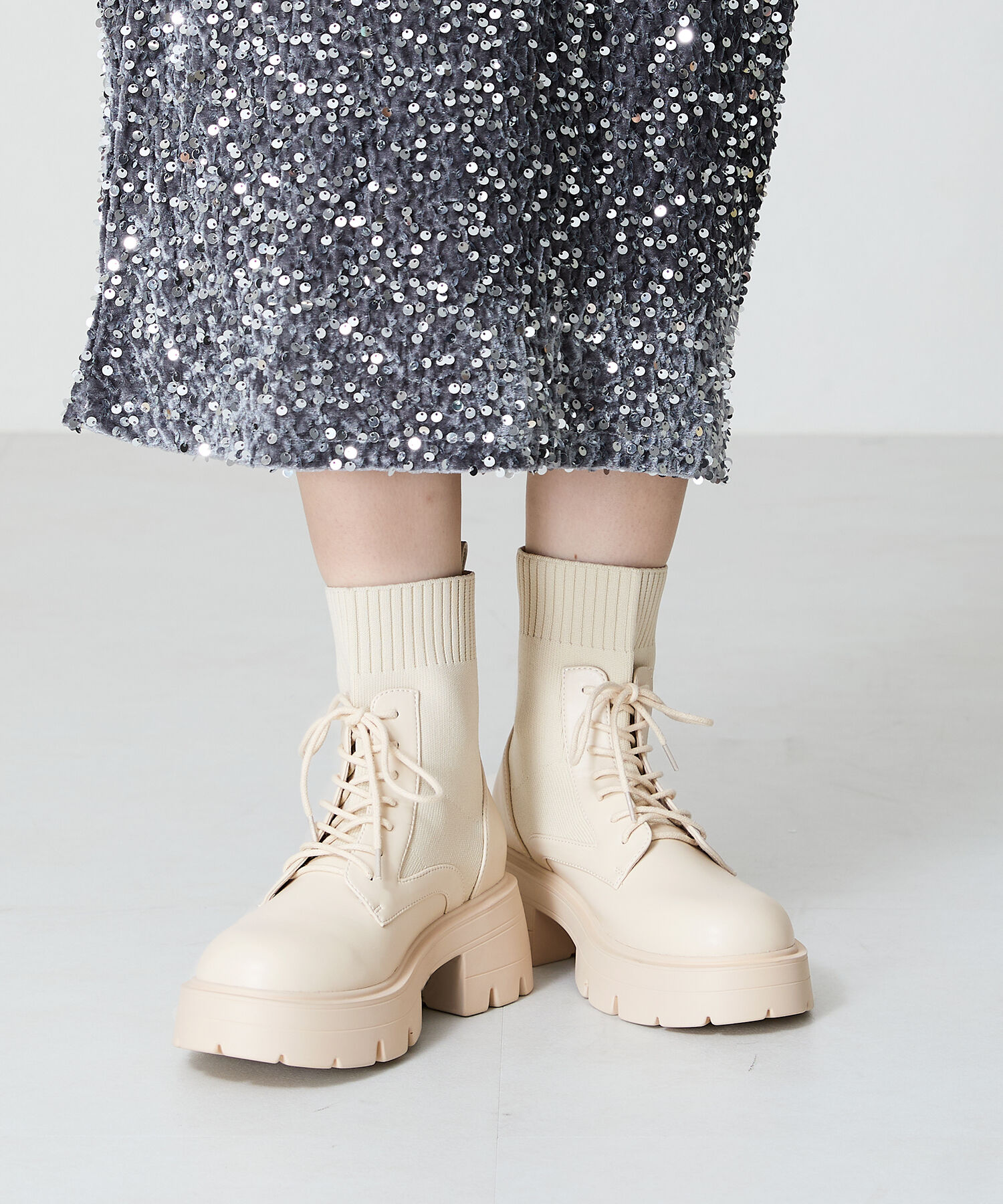 ORiental TRaffic「ニット ソックス レースアップブーツ/41431 厚底 柔らかい」|ショートブーツ|