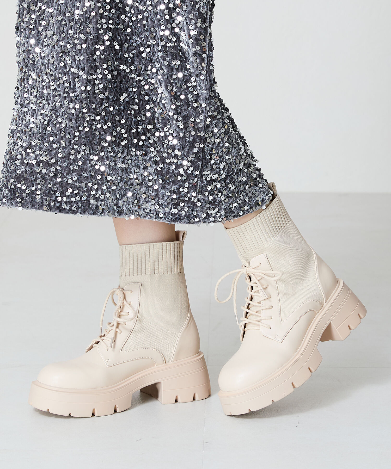 ORiental TRaffic「ニット ソックス レースアップブーツ/41431 厚底 柔らかい」|ショートブーツ|