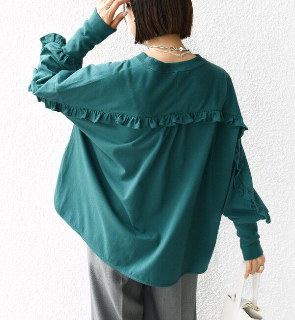 SHIPS for women「〈洗濯機可能〉ロング リブ スリーブ フリル カットソー」|Tシャツ・カットソー|グリーン