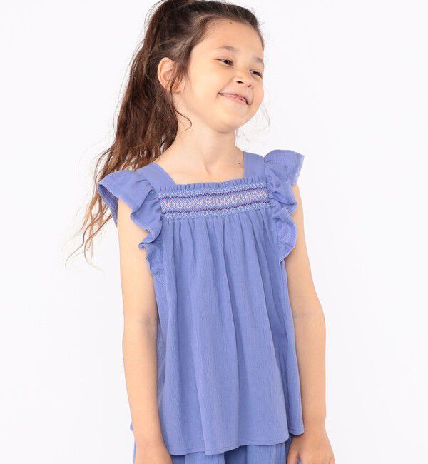 SHIPS KIDS「SHIPS KIDS:100～130cm / スモッキング フリル ブラウス」|シャツ・ブラウス|ブルー系