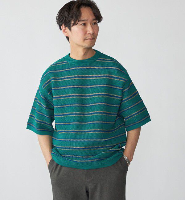 SHIPS「SHIPS:〈手洗い可能〉Amossa(R) メッシュ ボーダー ニット Tシャツ」|ニット・セーター|