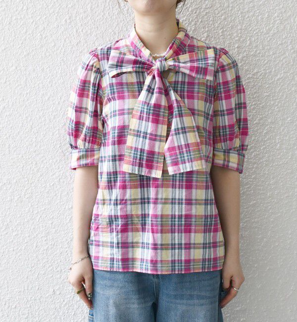 SHIPS any「SHIPS any:〈洗濯機可能〉マドラス チェック ボウタイ パフスリーブ ブラウス」|シャツ・ブラウス|