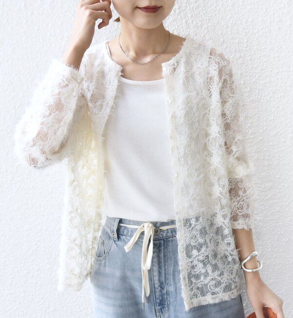 SHIPS for women「【WEB限定】〈手洗い可能〉チュール フェザー レース 羽織」|シャツ・ブラウス|