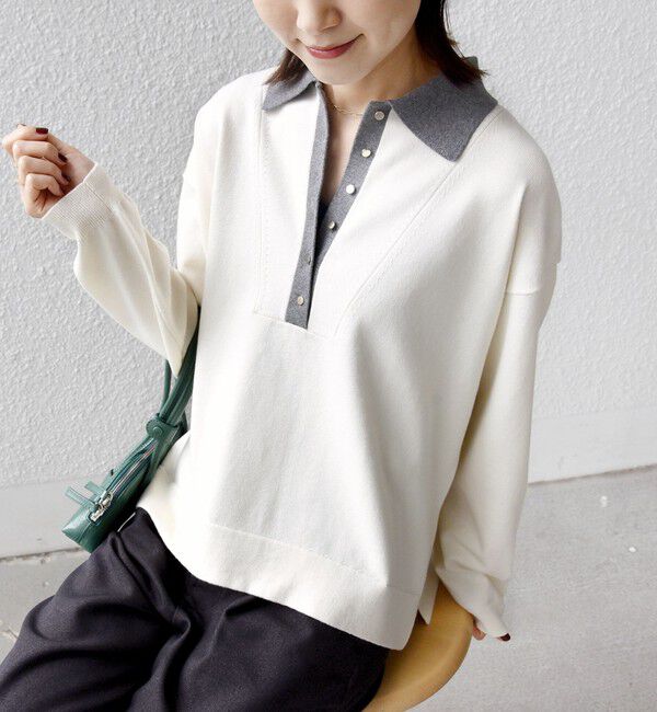 SHIPS for women「【WEB限定】〈手洗い可能〉サイド スリット ゴールド 釦 ポロ ニット」|ニット・セーター|