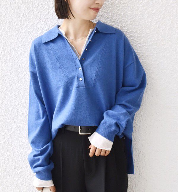 SHIPS for women「【WEB限定】〈手洗い可能〉サイド スリット ゴールド 釦 ポロ ニット」|ニット・セーター|