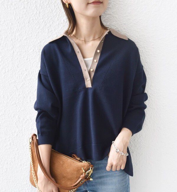 SHIPS for women「【WEB限定】〈手洗い可能〉サイド スリット ゴールド 釦 ポロ ニット」|ニット・セーター|