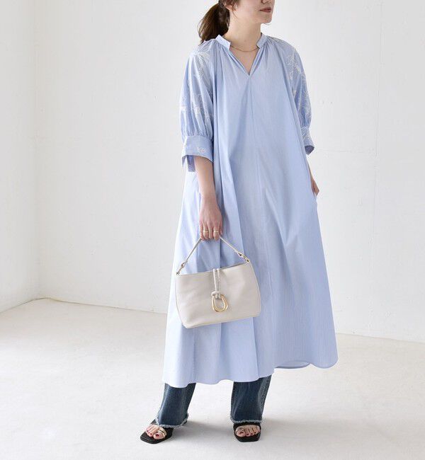 quaranciel「《予約》quaranciel:〈洗濯機可能〉ストライプ フラワー刺繍 スキッパー シャツ ワンピース」|ワンピース|