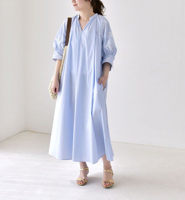 quaranciel「《予約》quaranciel:〈洗濯機可能〉ストライプ フラワー刺繍 スキッパー シャツ ワンピース」|ワンピース|