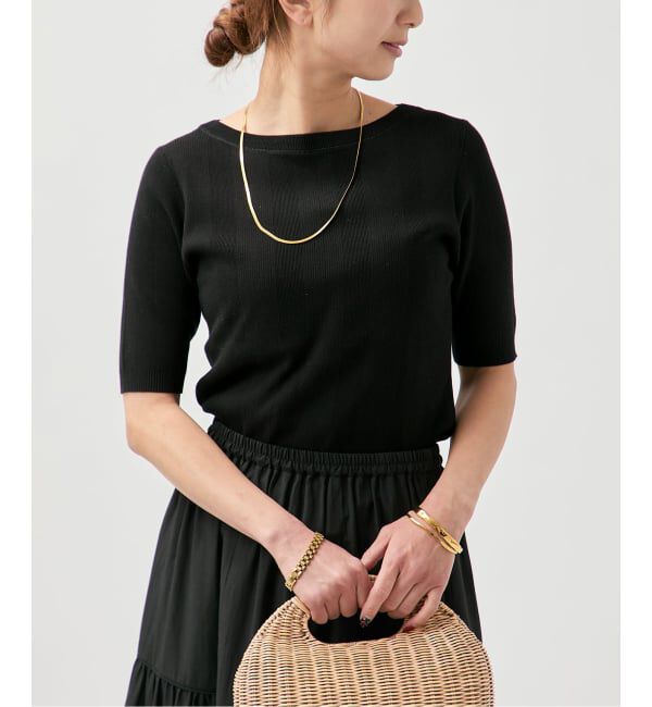 VERMEIL par iena「ランダムRIB ボートネック ハーフスリーブ プルオーバー」|ニット・セーター|ブラック