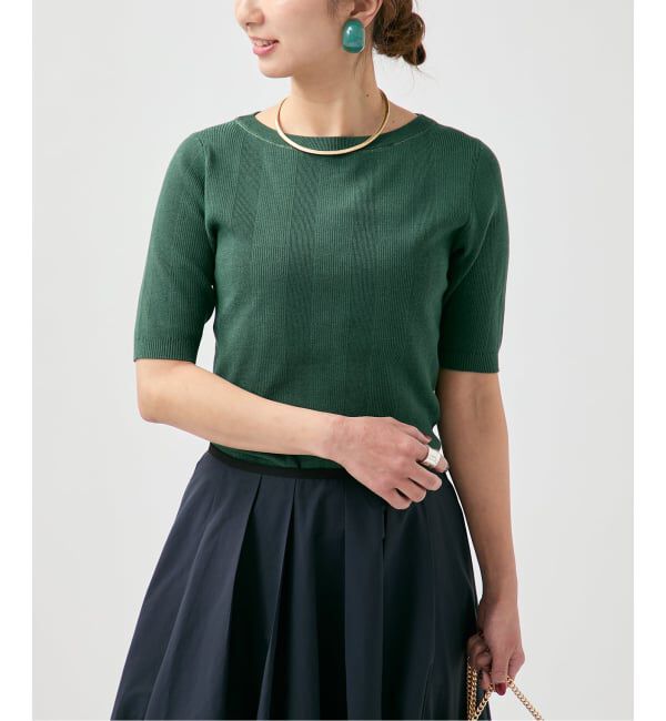 VERMEIL par iena「ランダムRIB ボートネック ハーフスリーブ プルオーバー」|ニット・セーター|グリーン
