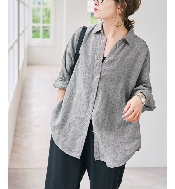 Spick and Span「《ゆったりサイズ》追加 80リネンカシュクール ビッグシャツ」|シャツ・ブラウス|ブラックベース