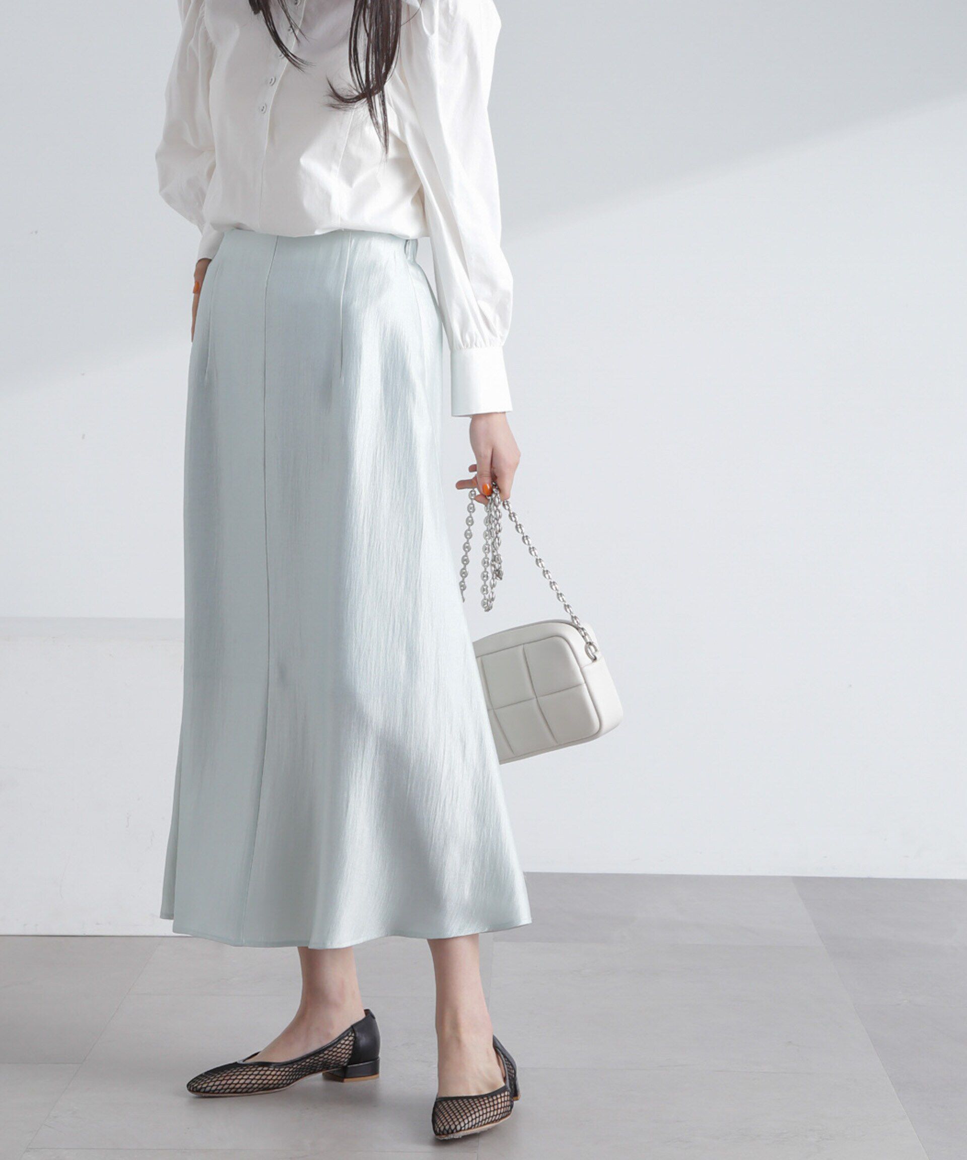nano･universe「シャイニーサテンロングスカート」|スカート|L.ブルー1