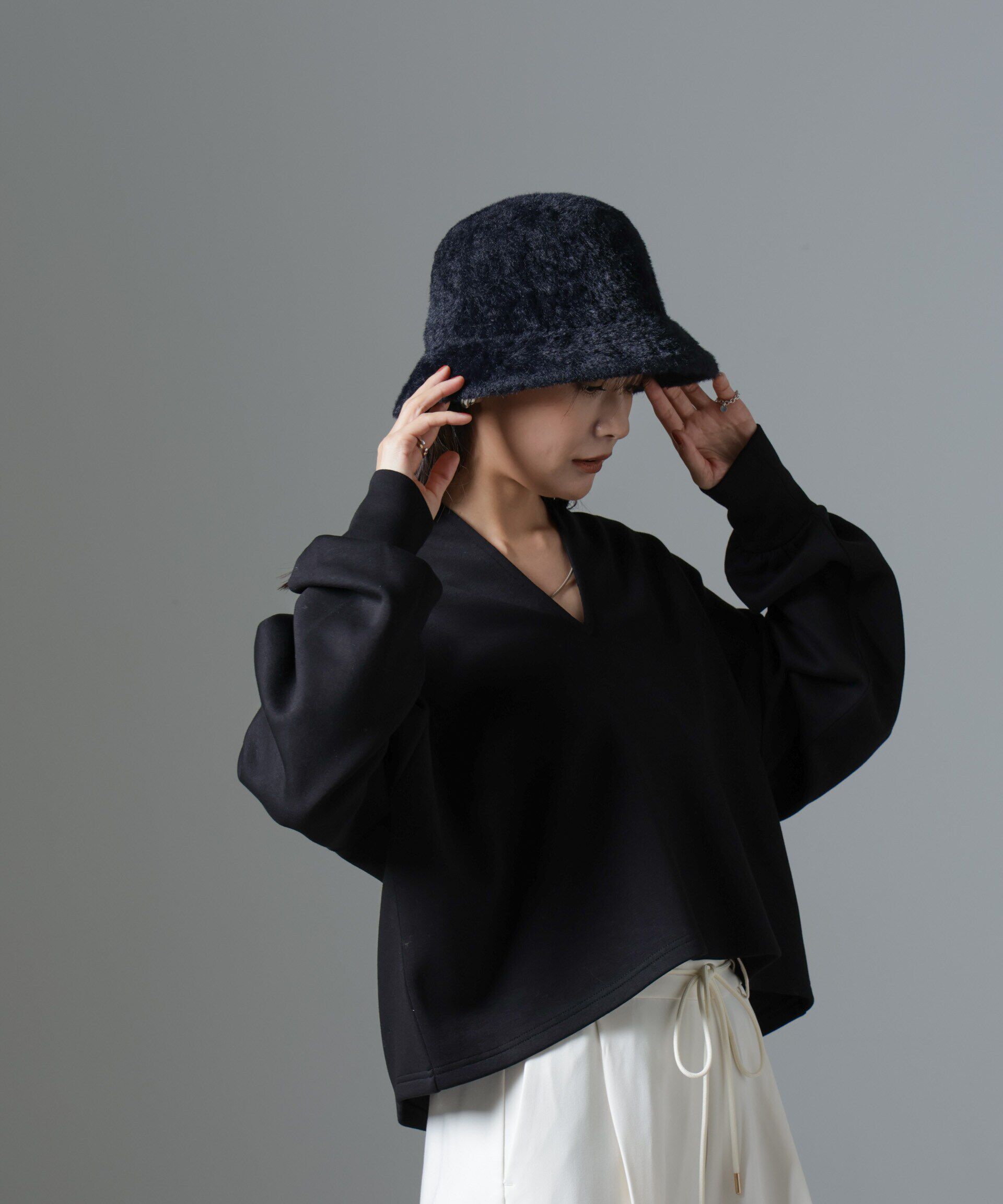 nano･universe「裏起毛ダンボールカットキーネックトップス（セットアップ可）」|Tシャツ・カットソー|