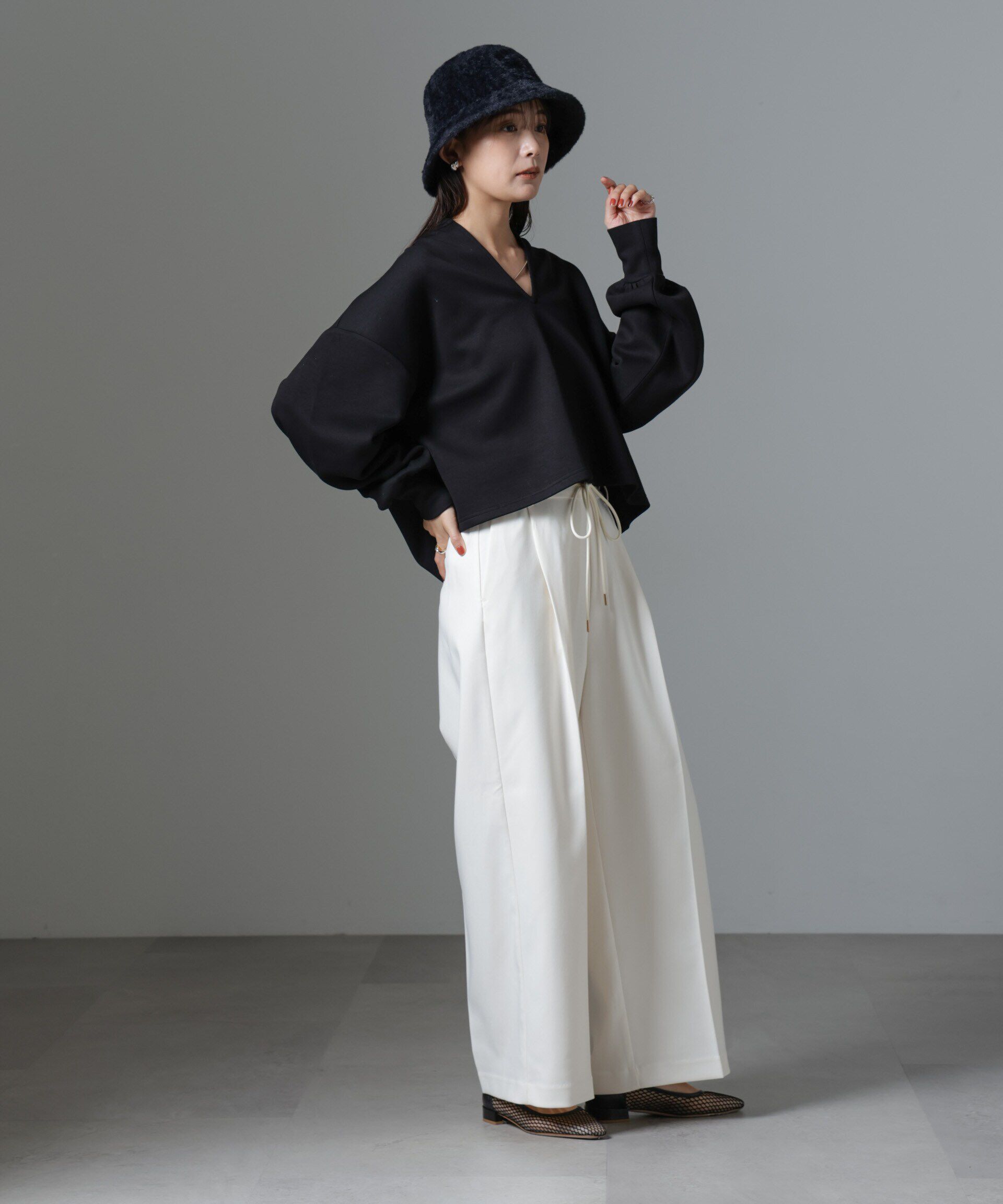 nano･universe「裏起毛ダンボールカットキーネックトップス（セットアップ可）」|Tシャツ・カットソー|