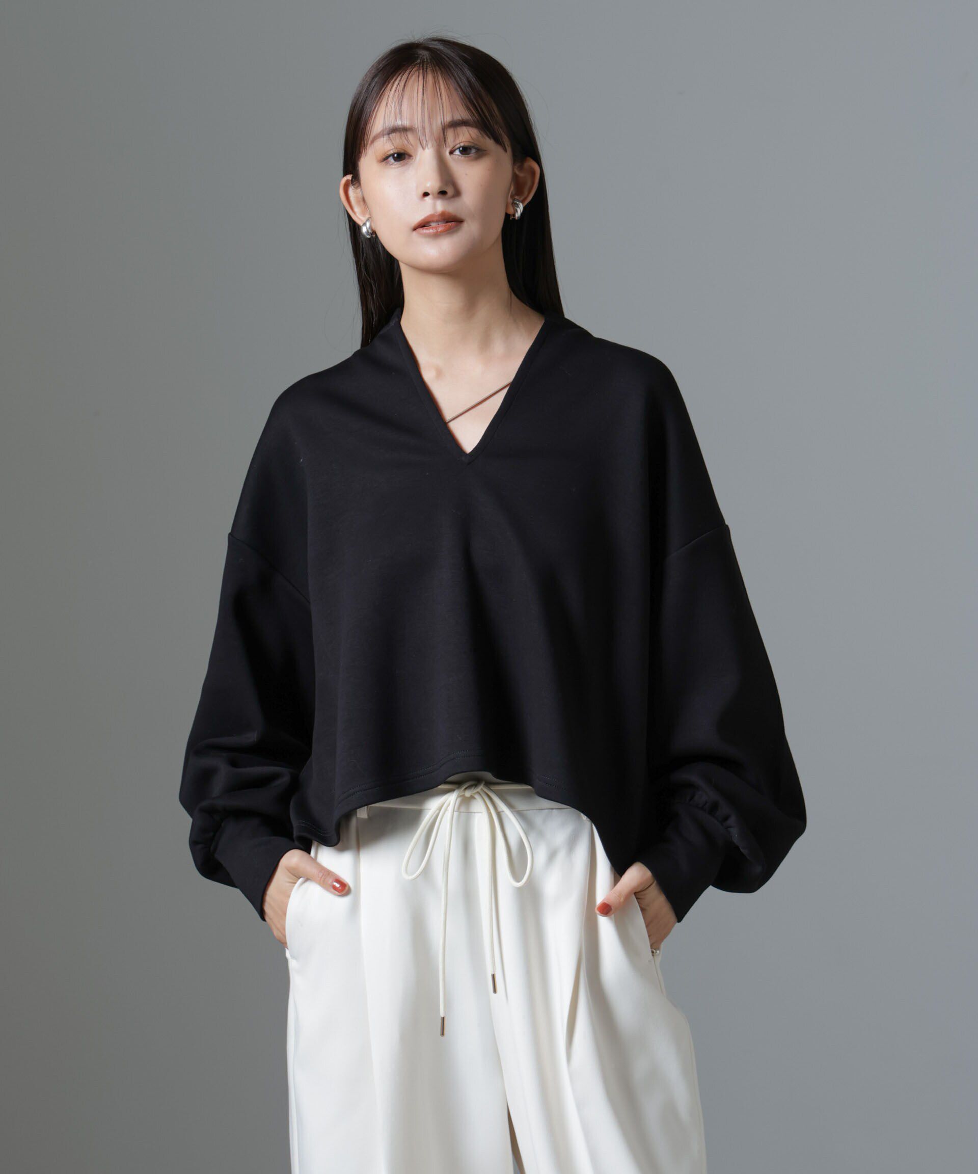 nano･universe「裏起毛ダンボールカットキーネックトップス（セットアップ可）」|Tシャツ・カットソー|