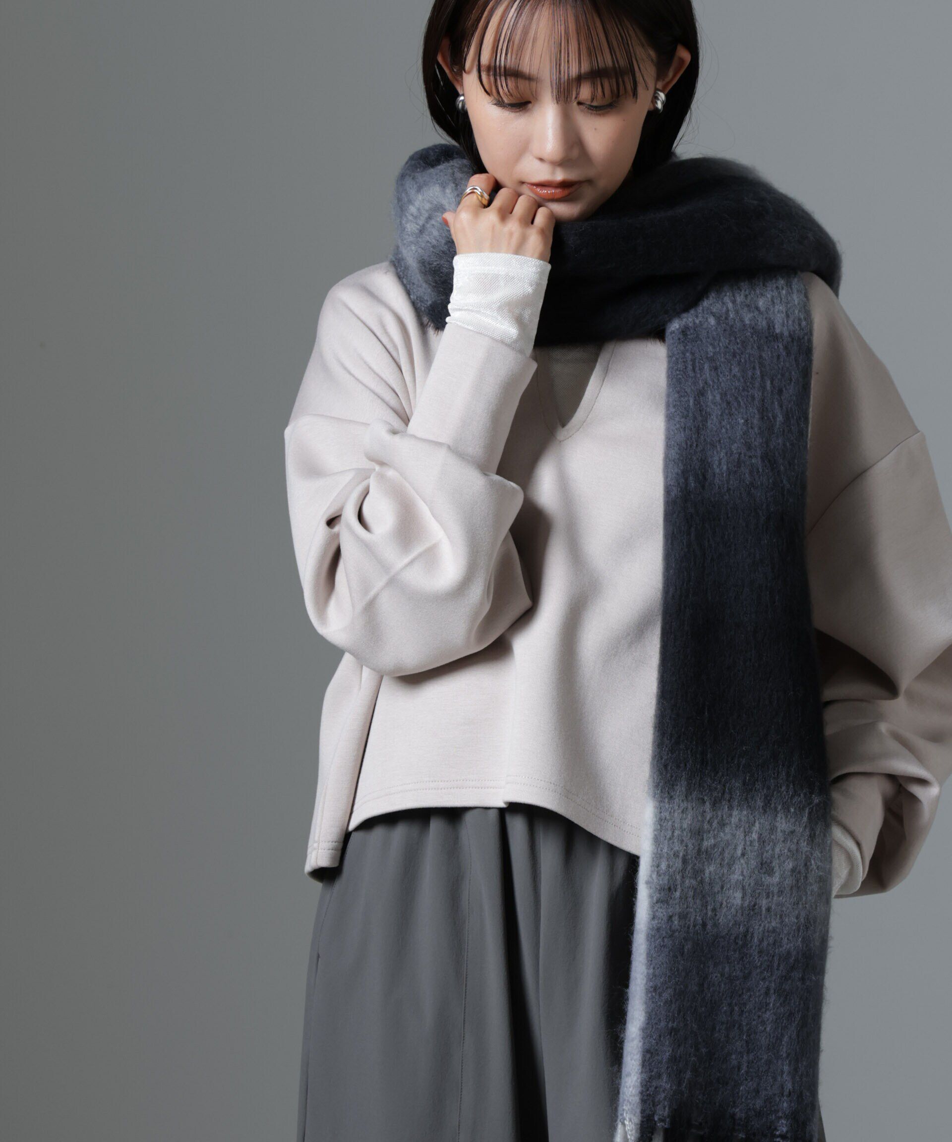 nano･universe「裏起毛ダンボールカットキーネックトップス（セットアップ可）」|Tシャツ・カットソー|ベージュ